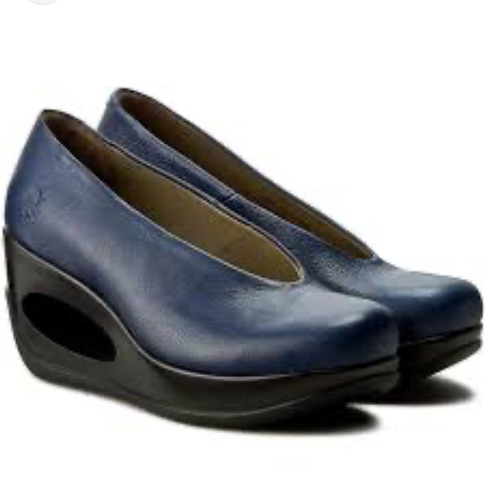 Fly London Blue and Black Wedges